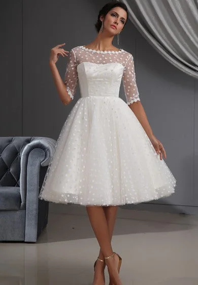 Half-Sleeve Illusion Knee-Length Short Dress With Lace and Dot