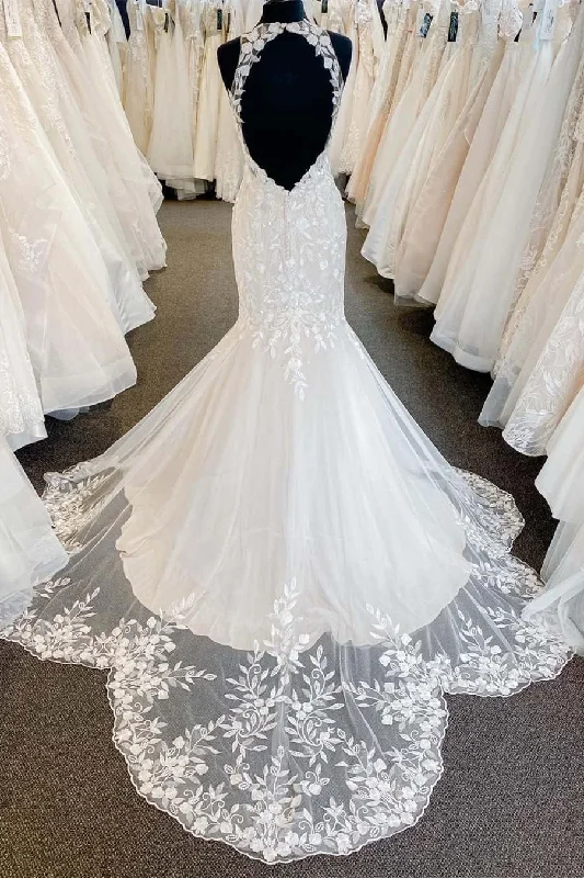 Halter Appliqued Ivory Mermaid Lace Wedding Dress