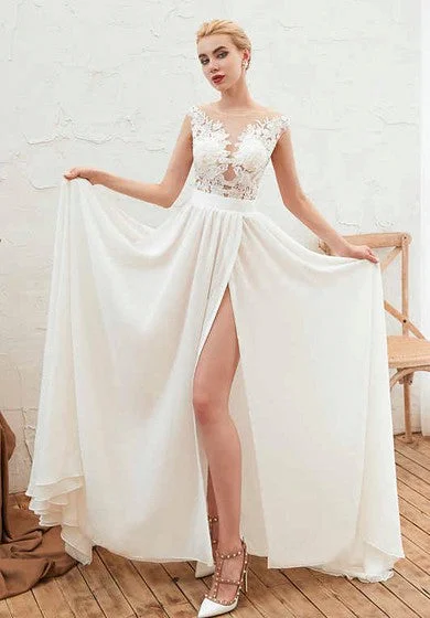 Illusion Lace Appliqued Cap Sleeve Elegant A-line Split Front Chiffon Bridal Gown