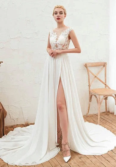 Illusion Lace Appliqued Cap Sleeve Elegant A-line Split Front Chiffon Bridal Gown