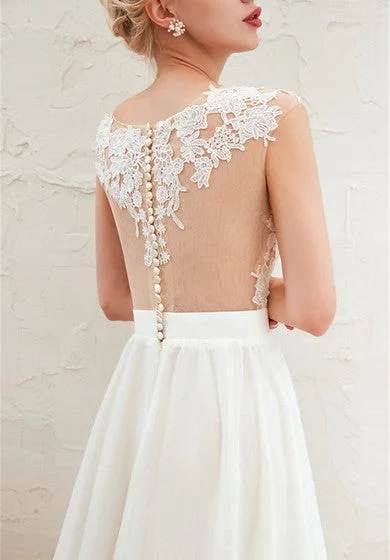 Illusion Lace Appliqued Cap Sleeve Elegant A-line Split Front Chiffon Bridal Gown