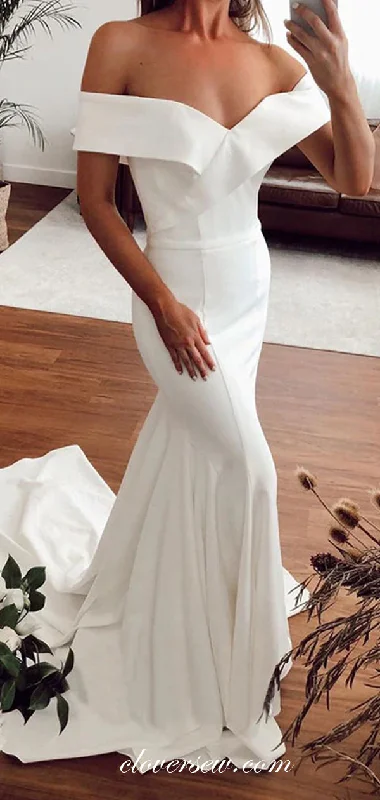 Ivory Satin Off The Shoulder Mermaid Wedding Dresses, CW0184