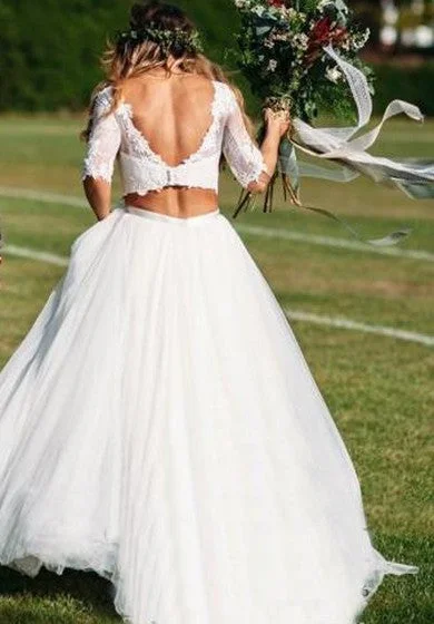 Lace Tulle Floor-length Court Train Two Piece Half Sleeve Sexy Wedding Dress