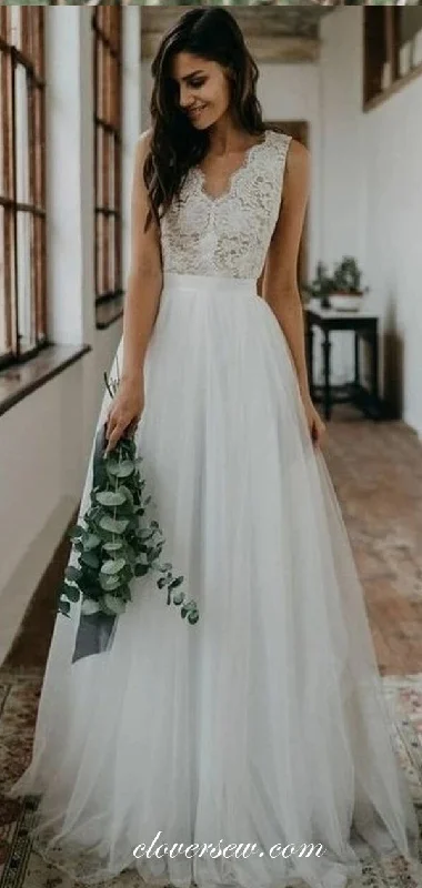 Lace Tulle Sleeveless Elegant A-line Beach Wedding Dresses CW0198