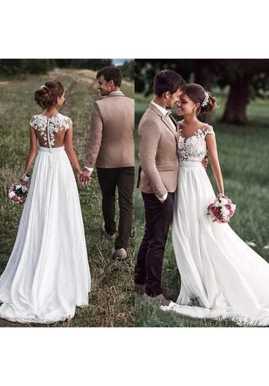 Lovely Simple Beach Lace Appliqued Cap Sleeves Chiffon Wedding Dress