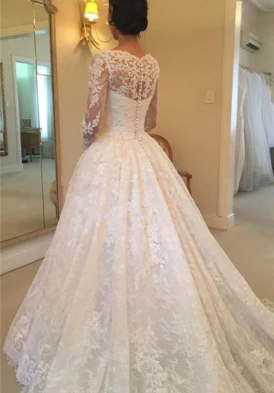 Luxury Lace and Tulle Illusion Sleeve Ball Gown Wedding Dress