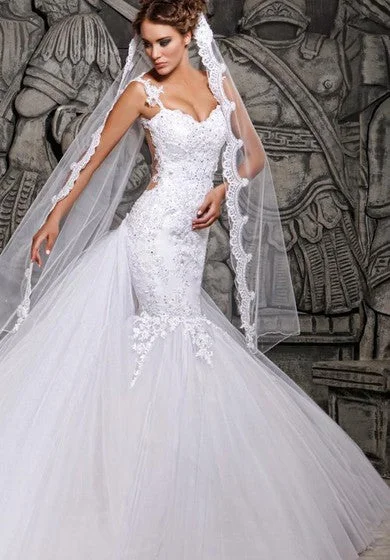 Magnificent Lace and Tulle Mermaid Dress with Wedding Veil