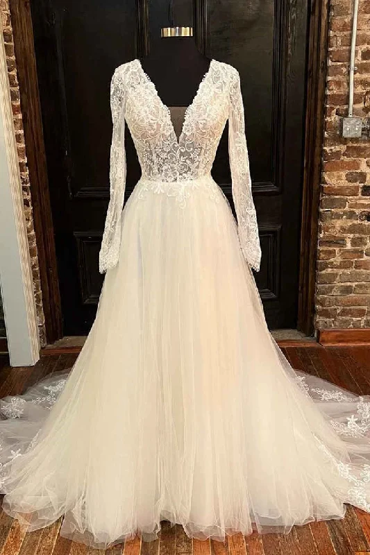 Mermaid Ivory V-neck Long Wedding Dress with Long Sleeves