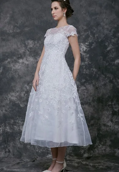 Modern Cap-sleeve Dress With Illusion Neckline and Beaded Lace Applique