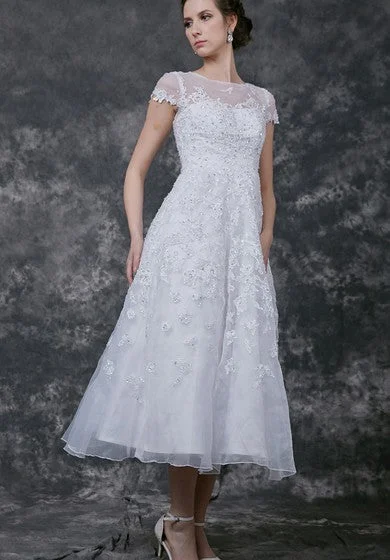 Modern Cap-sleeve Dress With Illusion Neckline and Beaded Lace Applique