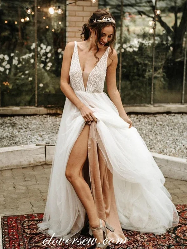 Nude Lining V-neck Side Slit Fashion Wedding Dresses, CW0203