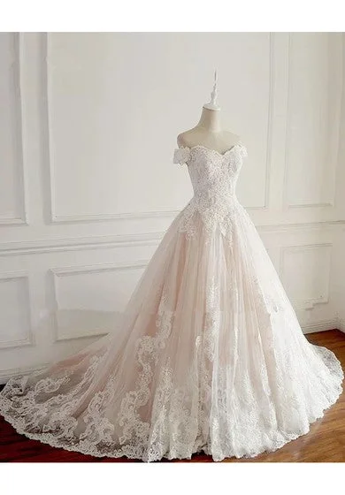 Off-the-shoulder A-line Floor-length Chapel Train Sleeveless Lace Tulle Wedding Dress with Lace-up Back