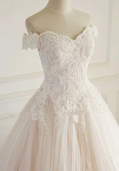 Off-the-shoulder A-line Floor-length Chapel Train Sleeveless Lace Tulle Wedding Dress with Lace-up Back