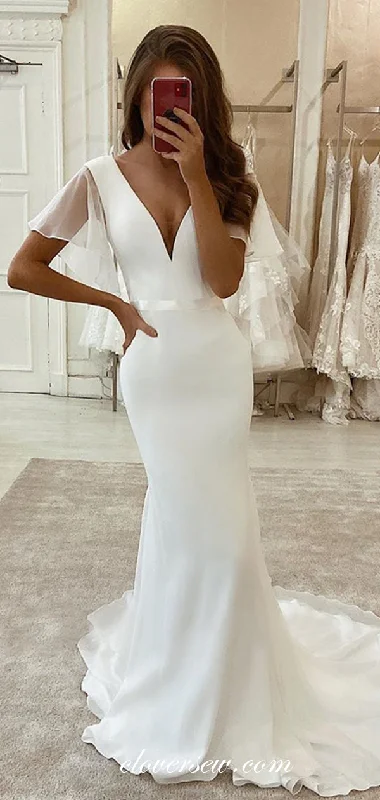 Off White Chiffon Satin Short Sleeves Mermaid Wedding Dresses,CW0181