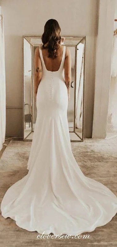 Off White Satin Scoop Neck Sheath Wedding Dresses, CW0195