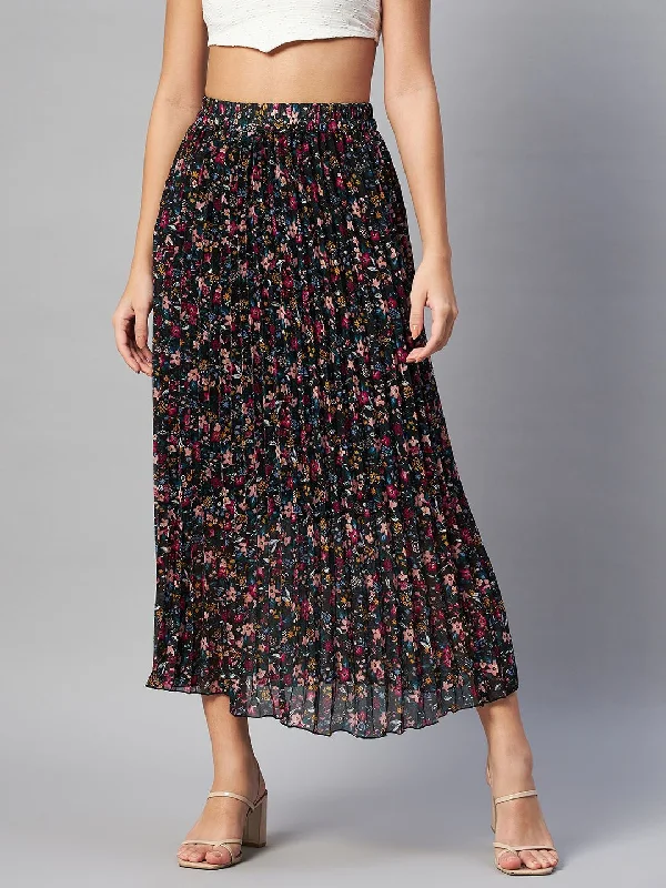 plusS Black Floral Printed Accordion Pleats Midi Flared Skirt