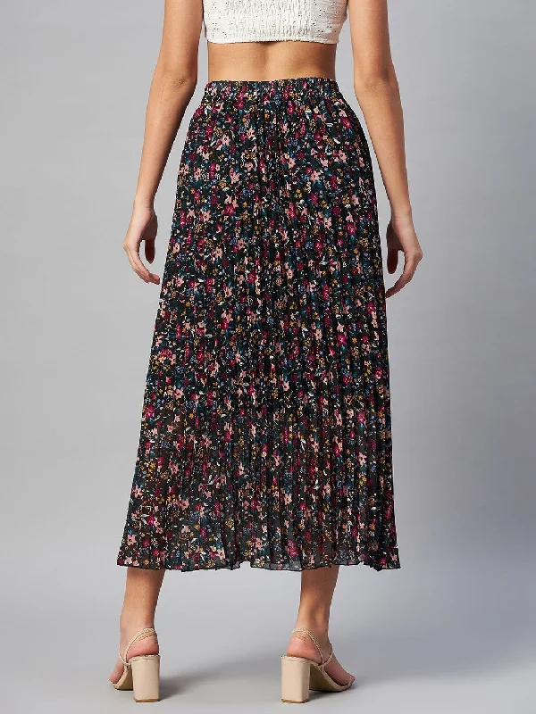 plusS Black Floral Printed Accordion Pleats Midi Flared Skirt