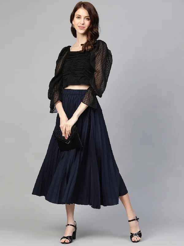 plusS Navy Blue Accordion Pleated A-Line Skirt