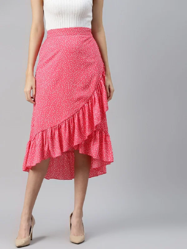 plusS Pink Printed Midi A-Line Skirt With Tulip Hem