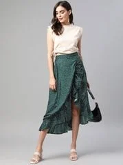 plusS Women Green  White Polka Dots Printed Midi Wrap Skirt