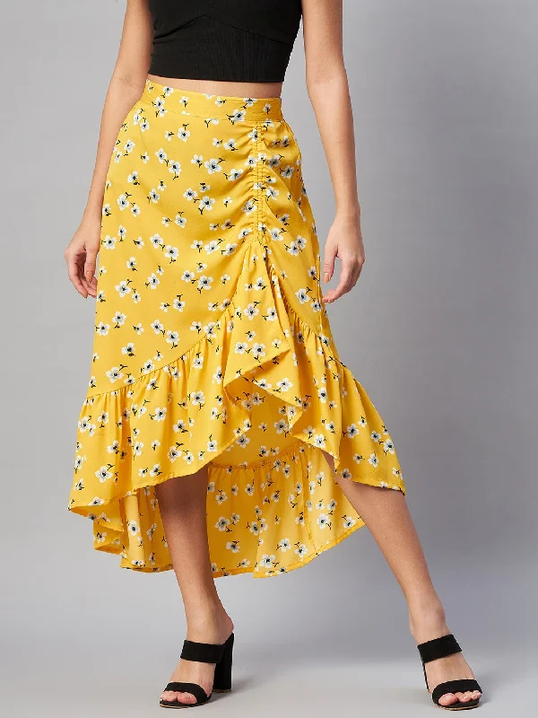 plusS Yellow  White Floral Printed Midi A-Line Skirt