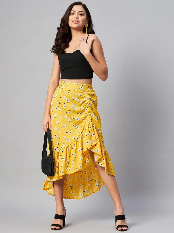 plusS Yellow  White Floral Printed Midi A-Line Skirt