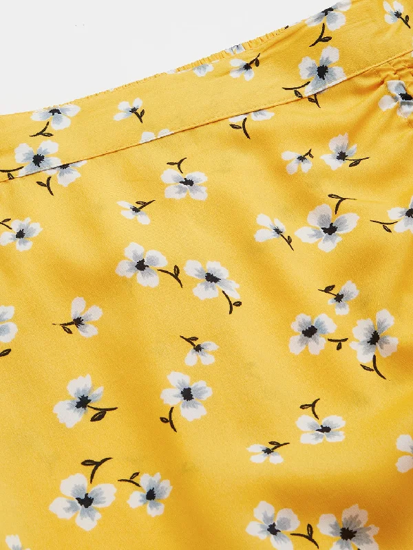 plusS Yellow  White Floral Printed Midi A-Line Skirt