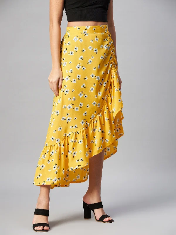 plusS Yellow  White Floral Printed Midi A-Line Skirt