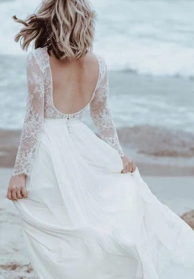 Simple A Line Bateau Tulle Lace Floor-length Long Sleeve Wedding Dress with Split Front and Pleats