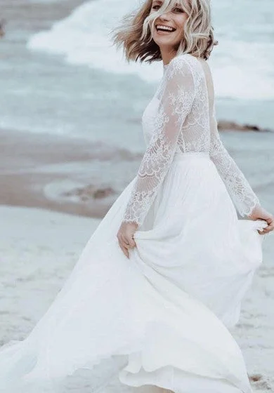 Simple A Line Bateau Tulle Lace Floor-length Long Sleeve Wedding Dress with Split Front and Pleats