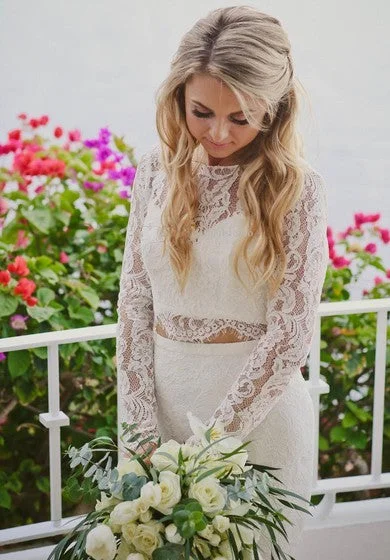 Simple Bateau Lace Two Piece Floor-length Long Sleeve Wedding Dress