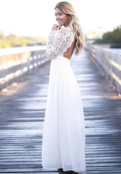 Simple Boho Illusion Lace Long Sleeve Jewel Tulle Dress With Open Back