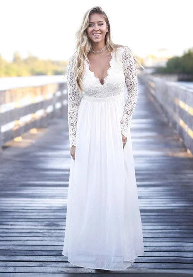 Simple Boho Illusion Lace Long Sleeve Jewel Tulle Dress With Open Back