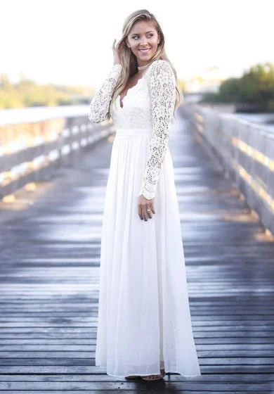 Simple Boho Illusion Lace Long Sleeve Jewel Tulle Dress With Open Back