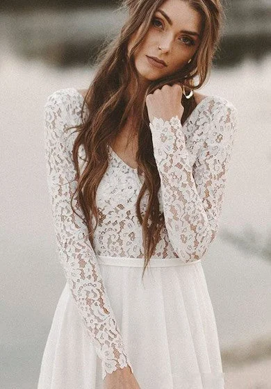 Simple Long Sleeves A-line Wedding Dress with Lace And V-neck