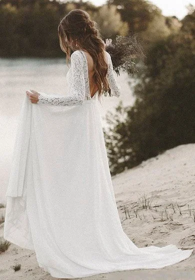 Simple Long Sleeves A-line Wedding Dress with Lace And V-neck