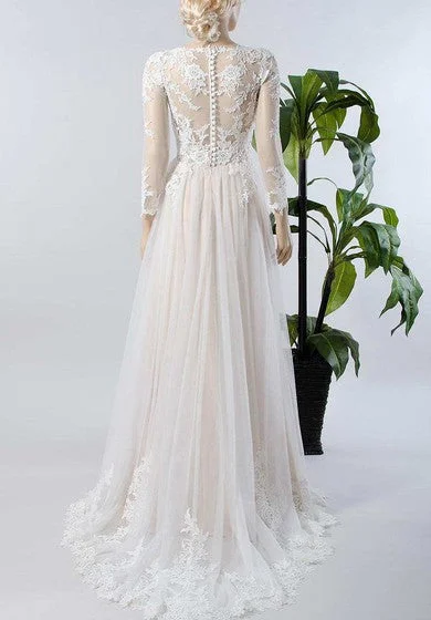 V-Neck Illusion Long Sleeve Lace Appliqued Tulle A-Line Pleated Wedding Dress