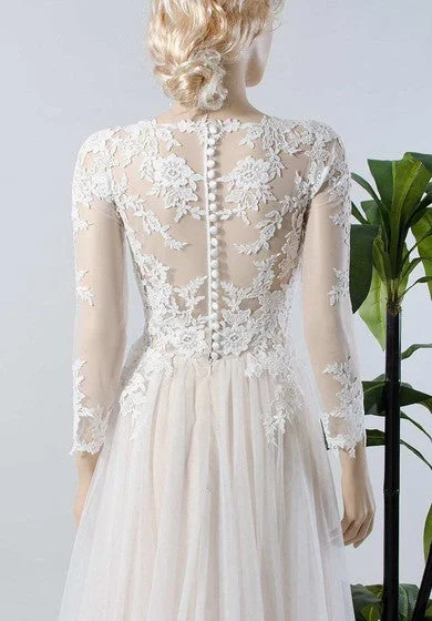 V-Neck Illusion Long Sleeve Lace Appliqued Tulle A-Line Pleated Wedding Dress