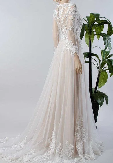 V-Neck Illusion Long Sleeve Lace Appliqued Tulle A-Line Pleated Wedding Dress