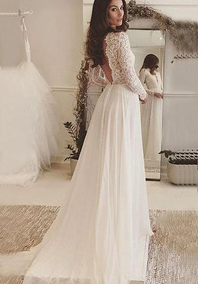 V-neck Long Sleeves Backless Ivory Chiffon Wedding Dress with Lace