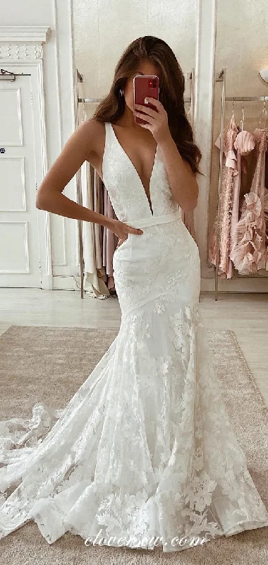 Vintage Lace Sleeveless Mermaid V-neck Wedding Dresses, CW0186