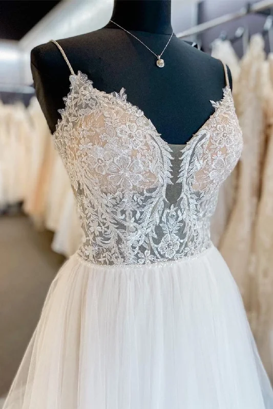 White A-Line Wedding Dress with Sheer Lace Bodice