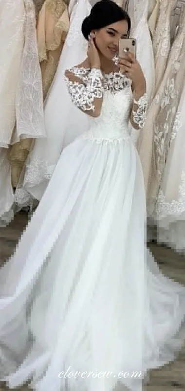 White Lace Long Sleeves A-line Elegant Wedding Dresses, CW0201