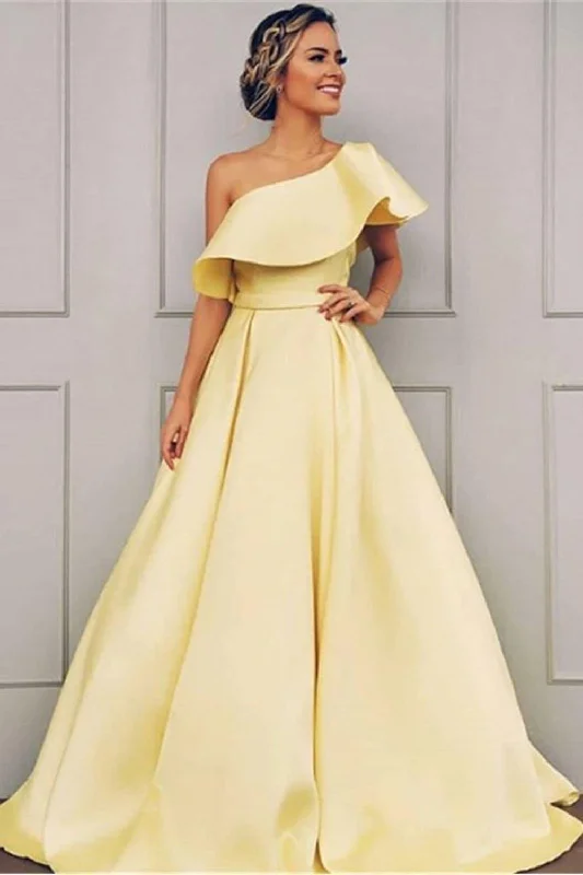 Mega Sale Happening Now!A-Line One-Shoulder Long Satin Prom Dress Party Dress with Ruffles PSK138