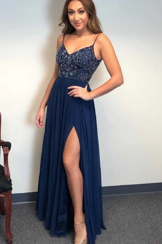 Save Up to 50% Off!A-line Spaghetti Straps Dark Navy Long Prom Dresses Beaded Evening Dress PSK122 Save Up to 50% Off!A-line Spaghetti Straps Dark Navy Long Prom Dresses Beaded Evening Dress PSK122