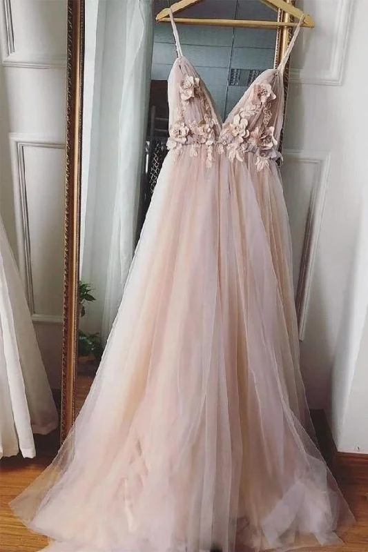 Your Wallet Will Thank You!A-line V-neck 3D Flower Eleagnt Tulle Long Prom Dress PSK136