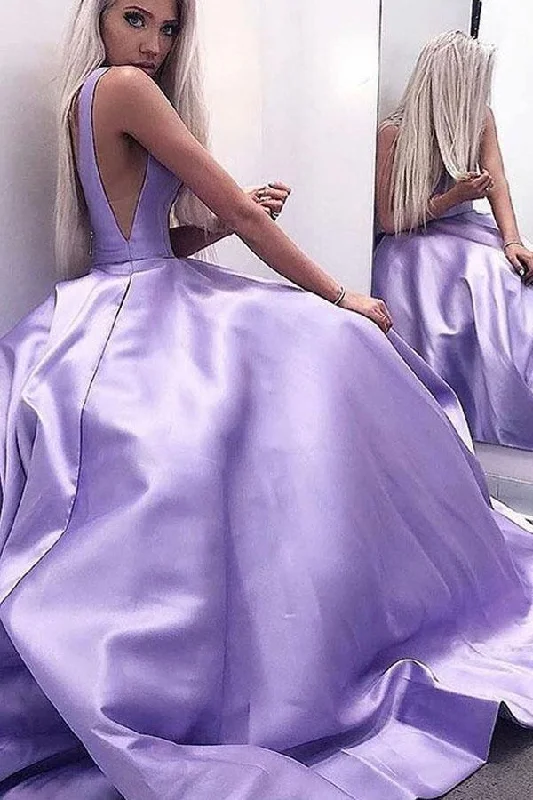 Buy More, Save More!A-Line V-Neck Backless Sweep Train Lilac Satin Prom Gown Party Dress PSK114 Buy More, Save More!A-Line V-Neck Backless Sweep Train Lilac Satin Prom Gown Party Dress PSK114