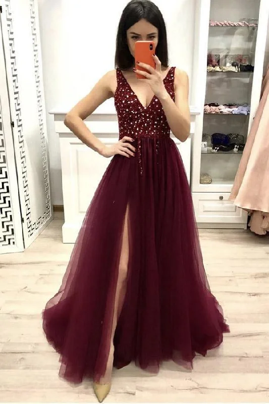 Get More, Spend Less – Shop Now!A Line V Neck Burgundy Prom Dresses Beaded Split Evening Dresses PSK140 Get More, Spend Less – Shop Now!A Line V Neck Burgundy Prom Dresses Beaded Split Evening Dresses PSK140