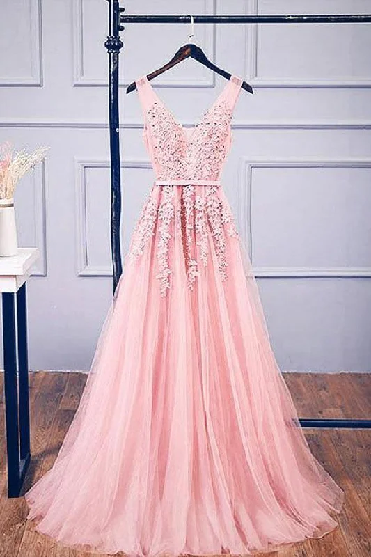 Save Like Never Before!A-line V Neck Pink Tulle Lace Applique Long Prom Dress Evening Dress PSK127 Save Like Never Before!A-line V Neck Pink Tulle Lace Applique Long Prom Dress Evening Dress PSK127