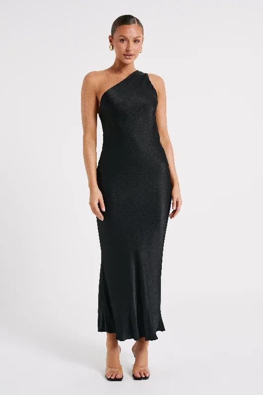 Savings You Can’t Ignore!Alejandra One Shoulder Satin Maxi Dress - Black